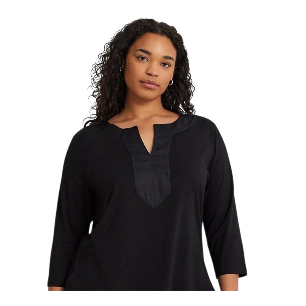 Lauren Ralph Lauren Black Split Neck Cotton 3/4 Sleeve Blouse Top Size 2X